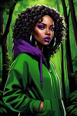 HYPER REALISTIC Graffiti, closeup, WHIMSICAL DIGITAL ILLUSTRATION, HD, HIGH CONTRAST CHIBI STYLE STUNNING AFRICAN AMERICAN WOMAN WITH BEAUTIFUL large, green-colored EYES, fierce makeup, black shoulder length curly hair, LONG LASHES AND LIP GLOSS WEARING An OVERSIZED black and dark purple sweatsuit, WALKING FORWARD along a wooded path BACKGROUND, REALISTIC TEXTURE, CREATIVE, CINEMATIC, PHOTOGRAPHY SEAMLESS.