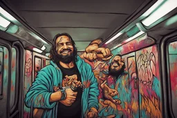 ˂https://soundcloud.com/b-mannen˃ Write the text: "KEBAB BROTHERS" :: "KEBAB BROTHERS" :: Graffiti text, in subway with a happy gangsta Jesus holding a spray can painting the text in graffiti style: "KEBAB BROTHERS"