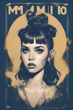 poster in two gradually, a Singer Danish MØ face illustration by <Yoji Shinkawa> and a Singer Melanie Martinez face illustration by <John Kenn Mortensen>, darkblue and gold tones,