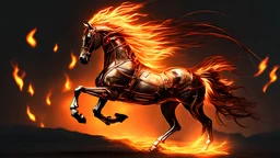 fire galloping spirit horse and smoked background elemental flames lightning lights luminance colorful futuristic steampunk cyberpunk style