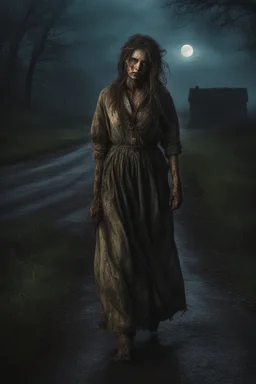 (((a zombie))) ((walking down a lonely country road)) ((dressed in rags)) scary, unsettling ((greasy stringy hair)) intricate, ((dark night)) film noir, hyperdetailed, ((lonely dirt road)) insanely detailed fantasy HDR ((dnd)) ((moonlight And shadows)) disturbing, epic colors, ((horror fantasy)) ((DND)) hyperrealism