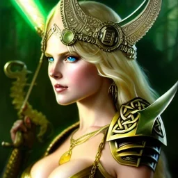 portrait 'beautiful Sexy Busty Blonde Sif',long hair,horned helmet, celtic tattoed,crystal clear green eyes,painting by gaston bussiere, greg rutkowski, yoji shinkawa, yoshitaka amano, tsutomu nihei, donato giancola, tim hildebrandt, oil on canvas, cinematic composition, extreme detail,fit full head inside picture,32k