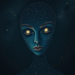 An eerily mesmerizing scene of a surreal nightscape, where the vast, inky canvas of the sky is brought to life by the ethereal visage of a evil creature hiface, composed of hundreds of twinkling stars, emerges from the cosmic tapestry, each star a meticulous brushstroke in this celestial portrait. The woman's eyes, two luminous orbs, gaze serenely downward, reflecting the mysteries of the universe held within their depths. Her delicate features, from the arc of her eyebrows to the gentle curve