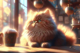 cute fluffy cat in a coffeehouse in sunshine Weight:1 detailed matte painting, deep color, fantastical, intricate detail, splash screen, complementary colors, fantasy concept art, 8k resolution trending on Artstation Unreal Engine 5 Weight:0.9