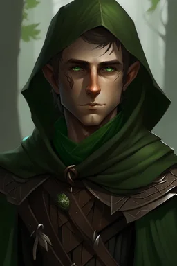 male wood elf, brown skin. Hooded Black armor. Green eyes. Green ring, Bow on back