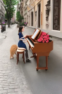 One single mature cat lady playing piano on the street, Vienna, fiacre, friendly, model style, hyper realistic, extremely accurate, delicate, extremely detailed, Graphic novel style, wide-angle, open aperture, superfine pencil