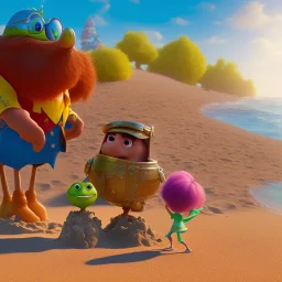 The hangman and the locust on the beach happily making sandcastles in the sun, art by Pixar and Dreamworks