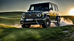 A sleek (((BMW Mercedes-AMG G 63))) with a majesticly curved rear, cutting through a (sunny, open countryside) backdrop