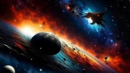 Crow in a space an the background of planets,