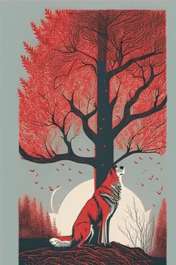 in a cosy vintage style, a wolf marvels at a red tree