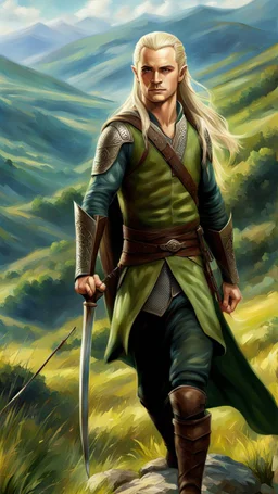 Legolas en las colinas, arte impresionista, full body, calidad ultra, hiperdetallado, increíble obra de arte, 64K