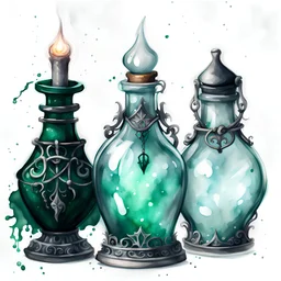 watercolor drawing mystical Gothic dark green witchy glass bottles, mysticism, magic, gothic, on a white background, , Trending on Artstation, {creative commons}, fanart, AIart, {Woolitize}, by Charlie Bowater, Illustration, Color Grading, Filmic, Nikon D750, Brenizer Method, Side-View, Perspective, Depth of Field, Field of View, F/2.8, Lens Flare, Tonal Colors, 8K, Full-HD, ProPhoto RGB, Perfectionism, Rim Lighting, Natural Lighting, Soft Lighting, Accent Lighting, Diffracti