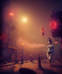 Surreal, steampunk , , cabaret scene. Geisha Asian woman. Birds, Fat old man, smoke, happy, hot, color fog, people background, highly detailed, concept art, unreal engine 5, god rays, ray tracing, RTX, lumen lighting, ultra detail, volumetric lighting, 3d, finely drawn, high definition, high resolution.