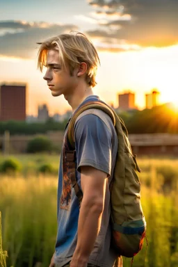 A profile photo of a handsome fifteen year old boy wearing an old backpack standing in a field with an abandoned city skyline in the background, sweaty blond hair, ripped tank top and torn shorts, sunset, tall grass, bright colours, vast landscape, cinematic photography, high resolution, high quality, highly detailed.