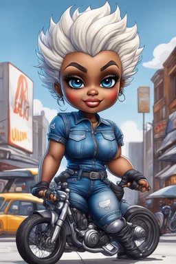 create an airbrush illustration of a chibi cartoon voluptuous black female wearing a blue jean outfit with biker boots. Prominent make up with hazel eyes. Extremely highly detail of a very low platinum blonde pixie haircut. Background of a bike show.