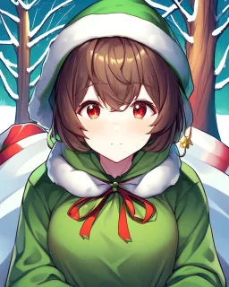 Girl with short brown hair, red eyes, green sweatshirt with a horizontal yellow stripe, he is wearing a Christmas hat, and in the background there are trees in the cold winter with lots of snow,