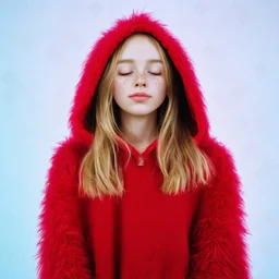 Lily rosedepp,avec un long pull a capuche en angora rouge jusquaux, polaroid, elle a les yeux fermés et les joues bleues, des grains de beauté