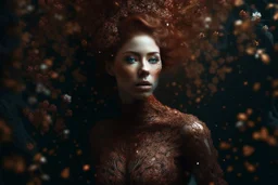 "Young woman covered in tiny copper flowers emerging from a tree, detailed matte painting, deep colour, fantastical, intricate detail