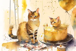 beautiful composition, cat birthday party with cake, watercolor and ink, golden glitters in ochre in sunshine