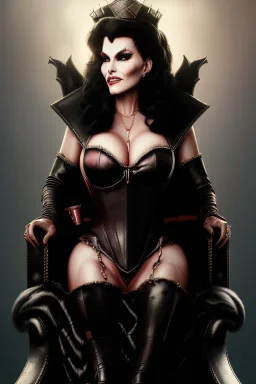 painting of lisa ann as evil queen in black leather, sitting on a throne, leather, angry, stern look, volumetric lighting, particales,highly detailed,cinematic, deep colours,8, highly detailed, digital painting, artstation, concept art, smooth, sharp focus,