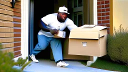 suspiciously looking Tyrone sneaking away holding very small box from apartment mailboxes