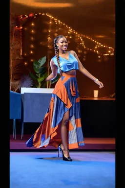 full body of very beautiful lady midi blue skirt and orange bluse , Braided hair ,standing idle happy pose in studio pretty makeup