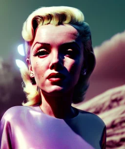 Ultra Realistic retro sci-fi 1960 scene, waist up view portrait, blonde woman, sweet young Marilyn Monroe face, perfect iris, tight latex coat, Strange planet background, Retro sci-fi style glass helmet, sphere dron, fog, rain, soft color, highly detailed, unreal engine 5, ray tracing, RTX, lumen lighting, ultra detail, volumetric lighting, 3d, finely drawn, high definition, high resolution.