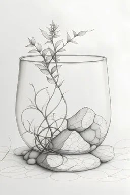 a minimalist apothecary pencil drawing of a rocks glass with vines wrapping around it.