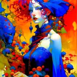 Art by Alice Rahon, Richard Burlet, Odilon Redon, Raymond Swanland, Andrey Remnev, Conrad Roset; Rebellious ravishing girl Rachel, regal in royal blue and ribuli, roaming through the radiant realm of the rainbow river valley with her ruby colored hair, meets a rare raven in a rolling hills of resplendent roses and rustling reeds, under a riotous reflective hues sky.