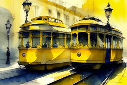 yellow tram in Budapest, style Alvaro Castagnet, Anton Pieck highly detailed elegant very attractive beautiful dynamic lighting watercolor aquarelle Thomas Wells Schaller