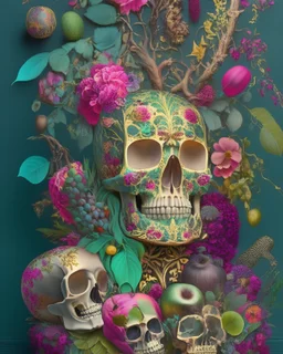 Mexican Skull Calavera, surrounded by poetic ornamental elements such as fruits, flowers, garlands of lights and native plants, colors Pink, Green, Gold and Black, 3D style, painting art, highly detailed, surrealist