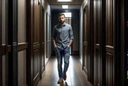 man in jeans and a shirt standing in a corridor of doors