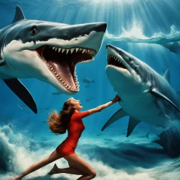 she open her mouth: the woman bites the back of the shark (crazy psychedelic high res photo by Ray Harryhausen) confident woman in a dynamic, cinematic pose is biting a colossal shark directly in the middle of its body, bites the shark around its fin. comedic tension as if the woman is “biting off more than she can chew.” Dramatic ocean lighting, splashes and water droplets frozen mid-air, wide-angle perspective to emphasize the shark’s enormous size.