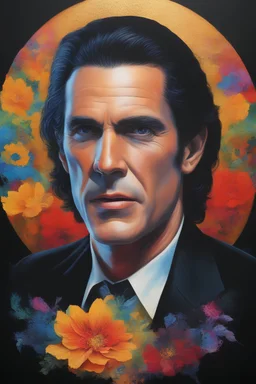 Count Dracula's face inside a small gold circle, Henry Cavill/Leonard Nimoy/Michael Jackson, multicolored, large, Floral/rainbow designs, atmospheric, beautiful, bright, vibrant colors, pitch-black background, oil painting by Boris Vallejo, 4k UHD, Photorealistic, professional quality