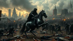 cyberpunk interpretation of Bruegel's "The Triumph of Death", capturing the symbolic "harvest" of humanity. this is terror. A dystopian metropolis under smog sky, where cybernetic grim reapers are executing physical harvest. Many of humans citizens killed an army of cyberwarrior androids and robots, panicking running people, many bodies lying on the ground. a cyber-death warrior in black hood with futuristic gun on a mechanical robot horse, thriller, detailed, cinematic