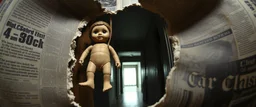 newspaper cut out, terror doll barely hanging on, master oil painting by Escher and Giger, sodom in the style of Fallout 4, pinhole cam pic, dimensional door, tear in the fabric of reality