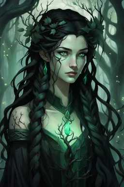 Young beautiful female Hexblood Warlock, long dark brown-black hair styled in elegant half-braids, glowing pale emerald-green eyes, delicate facial features. Thin twisted black thorn-like branches grow naturally from one side of her head, weaving seamlessly through her hair like an eerie crown, with tiny dark leaves and vine-like roots blending into her scalp. Faint dark vine markings trail along her neck and collarbone. Dark fantasy, realistic, cinematic, highly detailed.