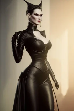 Carmen Dell`orifice as evil queen in black leather, leather, busty, cleavage, angry, stern look. character design by cory loftis, fenghua zhong, ryohei hase, ismail inceoglu and ruan jia. unreal engine 5, artistic lighting, highly detailed, photorealistic, fantasy