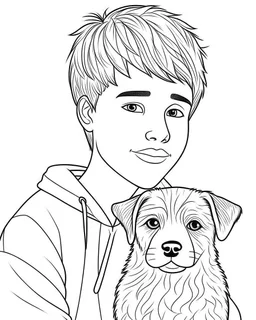 kid & pet, full view, realistic face, coloring page, only draw lines, coloring book, clean line art, –no sketch, color, –ar 3:4, white background, minimalistic black lines, minimal black color, low level black colors, coloring page, avoid thick black colors, thin black line art, avoid colors, perfect shape, perfect clear lines,