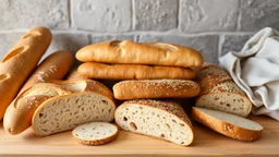 Baguette, sandwich, test and tortilla bread, white, and whole wheat and all kinds of sweets and wheat ears and sesame seeds and freshly baked sliced ​​breads