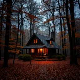 a warm welcoming cottage in a dark autumn forest