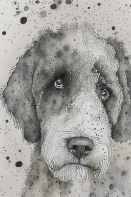 Abstract wet watercolour of the head of a black and white bernadoodle, ink lines, interlinked circles, detailed,focus on eyes, watercolour paper