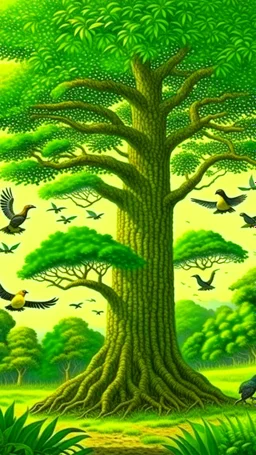 Jungle birds flying around big tall tree