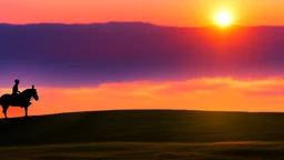 Silhouette of a lone horseback rider on the green hill at sunrise