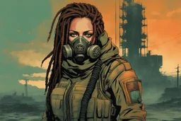 front facing full length portrait illustration of a grunge armored female with beaded dreadlock hair cyberpunk vampire mercenary with gas mask, telecommunications headset, and shemagh, highly detailed with gritty post apocalyptic textures, toxic irradiated landscape, finely detailed facial features and hair, in the graphic novel style of Bill Sienkiewicz,