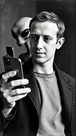 An old picture style of black and white and very bad quality old camera with cracks of Mark Zuckerberg holding an IPhone the year 1900 in the background an alien holding an iPhone too