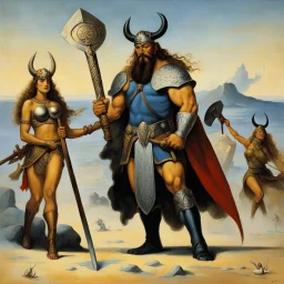 [art by Salvador dali] A Viking warrior with his Mjölnir war hammer and shield maidens