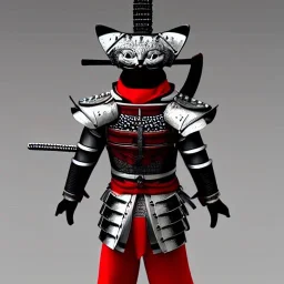 Chat, Modélisme trois dimensions, anthropomorphique, habillé comme un samurai, armure rouge et argent très détaillée, réalisme