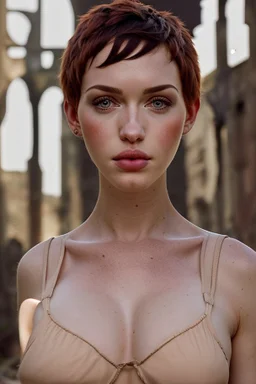 32k uhd, a close up portrait photo of 18yo, mix christina hendricks molly quinn alexandra daddario, short haircut, tanned skin, hyper muscular body, background is city ruins, (high detailed skin:1.2), 8k uhd, dslr, soft lighting, high quality, film grain, Fujifilm XT3