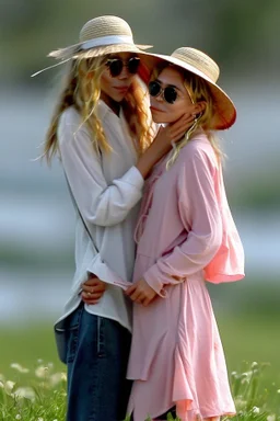 ((Mary-Kate and Ashley Olsen a warm hug)),Her laughter floats harmoniously with the sound of seagulls, infusing the air with a joyful melody. A vivacious energy radiates from her as she gracefully adjusts her oversized sun hat, casting a charming shadow on her sun-kissed face. The rhythmic crashing of waves seems to echo her carefree spirit.